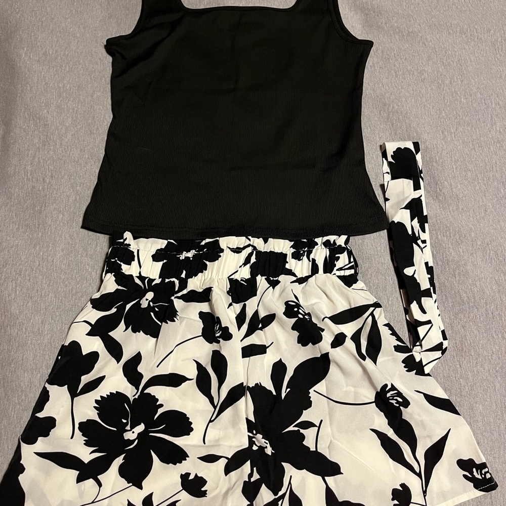 SHEIN Black Top and White Floral Shorts Set